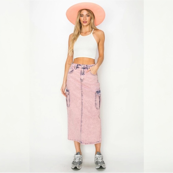 HOT Utility Pink Dyed Denim Maxi Skirt
